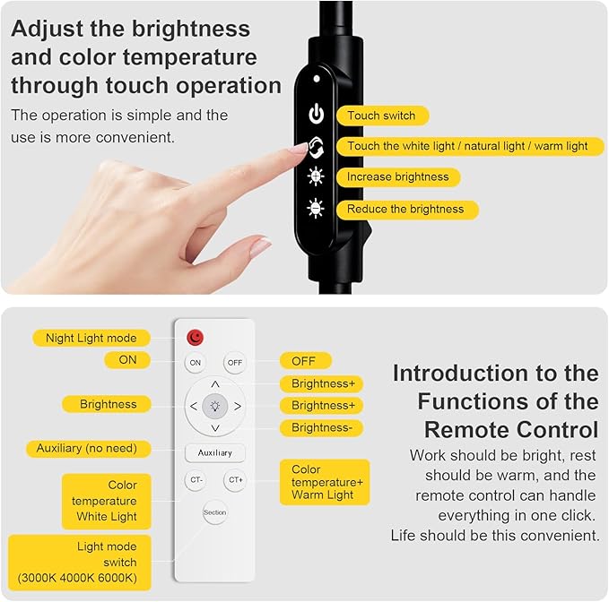 Bright 24W Dimmable LED Floor Lamps with Remote Adjustable Gooseneck Standing Light for Reading Makeup Tattoo Lash Extensions Black Modern Smart Tall Lamp Living Room Bedroom Office
