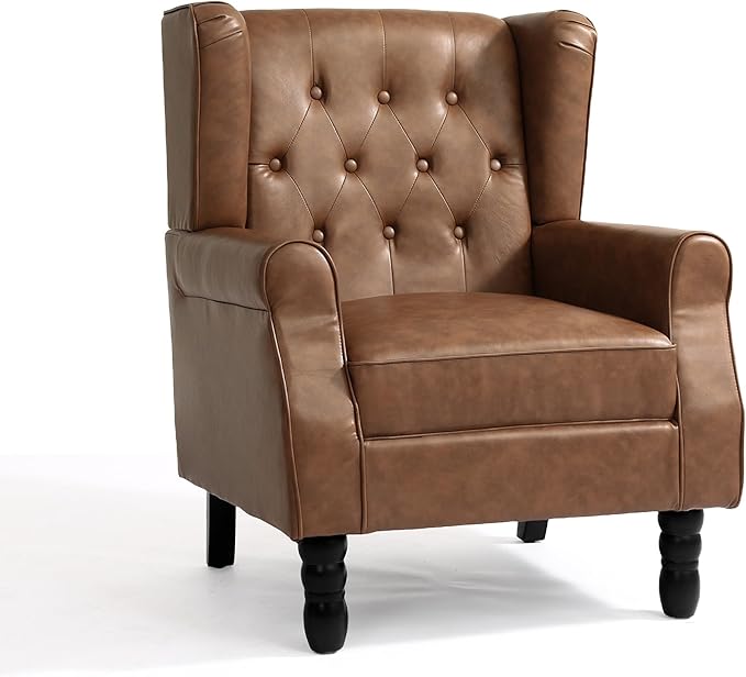Faux Leather High Back Accent Chairs Set of 2, Leather Upholstered Armchair Wingback Chair for Living Room, Comfy Single Sofa Bedroom Reading Seat with Solid Wood Legs, Brown
