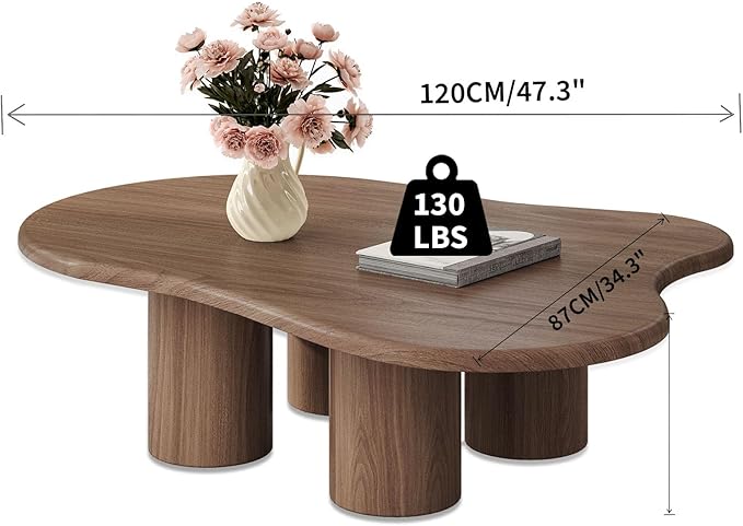 Modern Coffee Table - 47" Small Coffee Table Cloud-Shaped for Living Room, Low Profile Wooden Center Table with Curved Edges for Small Spaces & Contemporary Decor