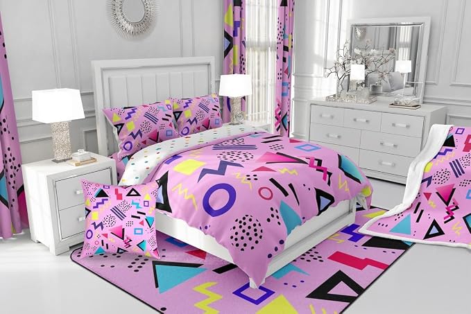 80s 90s Bedding Set Memphis Pattern Old Fashioned Comforter Cover King,Geometric Abstract Colorful Dots Funky Duvet Cover Retro Bed Set,Multicolor Vintage Rainbow 80'S Style 1980S Home Decor,Pink