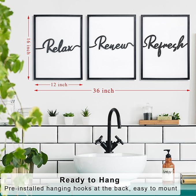 3D Wood Wall Art, 36" x 16" Framed Black and White Decor, 3D Bathroom Pictures for Wall Decor (Ready to Hang, Set of 3, Framed)