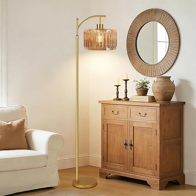 QIYIZM Floor Lamp for Living Room,Bedroom,Gold Dimmable Standing Lamp with Remote,Mid Century Modern Brass Tall Lamp Retro Vintage Glass Lamp Floor Light Boho Bohemian