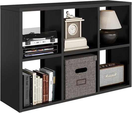 IRONMIX Metal 6 Cube Storage Organizer, Short Black Bookshelf with Storage, Small Horizontal Bookshelf, 2 Tier Open Bookcase Cube Shelf, Freestanding TV Stand for Home Office Library (Black, 1037)