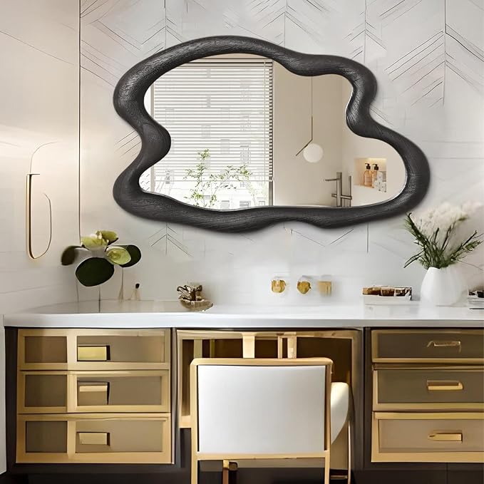 AAZZKANG Irregular Wall Mirror 28"x20" Black Asymmetrical Modern Wood Frame Mirrors Large for Bathroom Bedroom Living Room Entryway