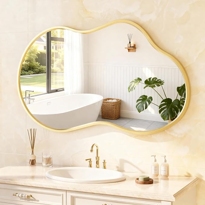 36”x 24” Gold Irregular Wall Mirror, Bathroom Asymmetrical Mirror, Metal Framed, Modern Decorative Mirrors for Wall, Bathroom Living Room Entryway (Horizontal/Vertical)