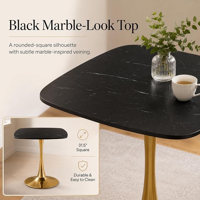 31.5" Square Dining Table for 2-4 People, Mid-Century Modern Kitchen Table with Black Marble-Look MDF Top and Gold Tulip Pedestal Base for Small Spaces, Apartment, Breakfast Nook