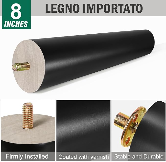 FoDau770 Black Rubber Wood Furniture Legs 8 Inches, Slant Tapered Wood Feet Mid Century Sofa Legs Set of 8, 5/16" UNC Furniture Feet Replacement Parts for Cabinet Couch Dresser Chair Ottoman Table