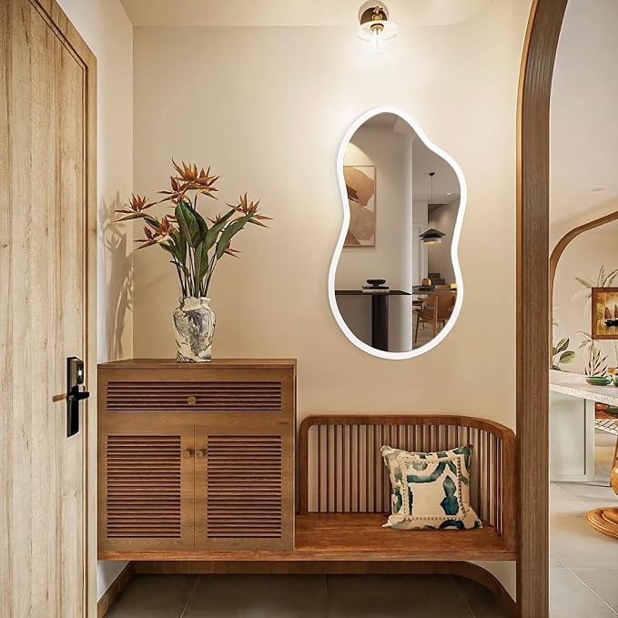 AAZZKANG Irregular Wall Mirror Wooden Large 22"x12" Decorative Hanging Mirrors Asymmetrical for Bedroom Dressing Room Living Room Bathroom Entryway White