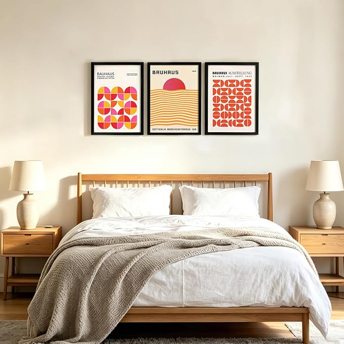 LIANGKESU Black Framed Bauhaus Wall Art Set of 3 16x24 Inch Mid Century Modern Orange Pink Geometric Canvas Prints Minimalist Retro Sunset Artwork for Living Room Bedroom Office Decor