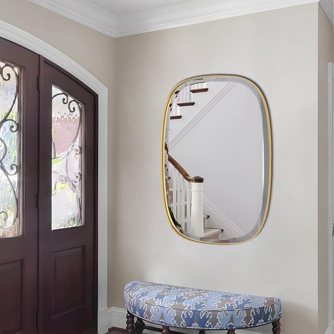 POZINO Gold Bathroom Mirror, 24"x32" Brass Rounded Rectangle Mirrors, Brushed Beveled Mirrors for Over Sink, Modern Vanity Wall Mirror in Premium Stainless Steel Frame Hangs Horizontal Or Vertical