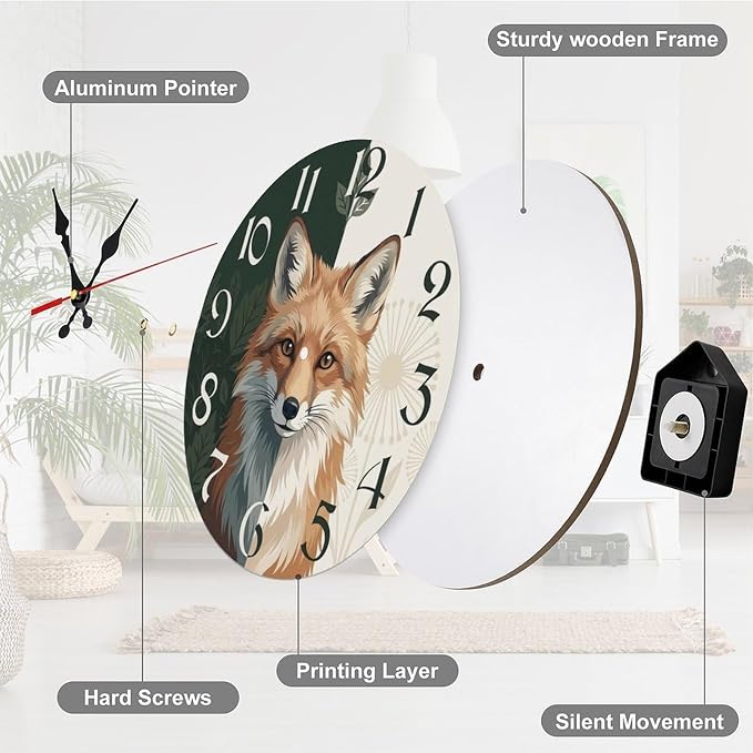Whimsical Fox Forest Art Wooden Wall Clock Silent Non Ticking, Decorative Frameless Battery Operated Clock for Nursery Kids Room, Rustic Farmhouse Animal Decor Gift