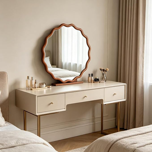 24" Wavy Edge Round Mirror, Solid Wood Framed Wall Decor with Clear Reflection for Bathroom, Bedroom, Living Room & Entryway (Yellowish-Brown)