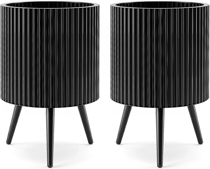 Giantex 14 inch Plant Pot with Stand Set of 2, Mid-Century Modern Fluted Planter with Built-in Drainage Holes, Metal Flower Pot with Tapered Legs for Living Room, Office, Porch, Garden
