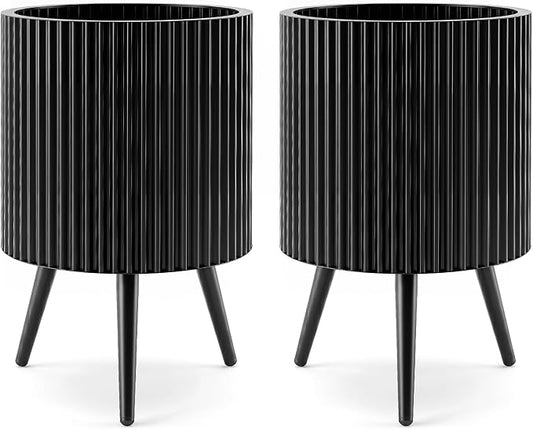 Giantex 14 inch Plant Pot with Stand Set of 2, Mid-Century Modern Fluted Planter with Built-in Drainage Holes, Metal Flower Pot with Tapered Legs for Living Room, Office, Porch, Garden