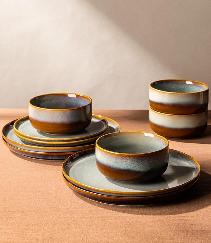TheTerra Ceramic Dinnerware Sets for 4, 12 Pieces Handmade Reactive Glaze Plates and Bowls Set, Scratch Resistant Dish Set, Oven & Microwave & Dishwasher Safe, Dusk Blue
