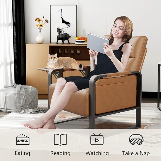 Upholstered Living Room Chair Armchair, Mid Century Faux Leather Metal Accent Chair, Reception Couch Office Guest Chair Slipper Club Lounge Single Sofa with Sidetable for Bedroom-Light Brown