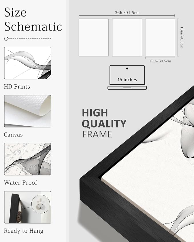 KUVIOKE Black White Abstract Framed Canvas Wall Art Ink Wash Pastel Wall Decor Modern Transparent Fog Illustration Art Painting for Bedroom Dining Room 12x16in (Black Framed)