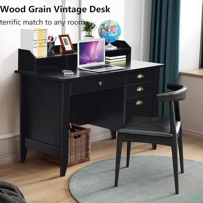 4EVERWINNER Computer Desk with 4 Drawers and Extra Storage Hutch, Wooden Grain Vintage Executive Desk Modern Style Work Office Desk for Bedrooms Laptop Study Writing Table for Small Spaces, Black