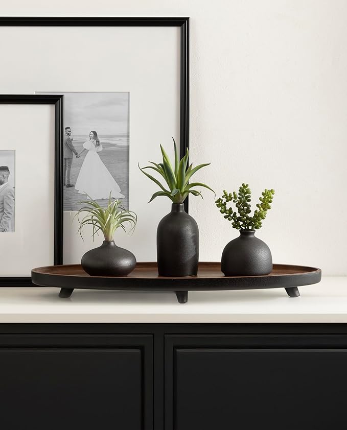 Kate and Laurel Tomaz Modern Decorative Mango Wood Oval Footed Tray, 23 x 7, Walnut Brown and Black, Transitional Food-Safe Wooden Coffee Table Tray with Elevated Design and Unique Oval Shape
