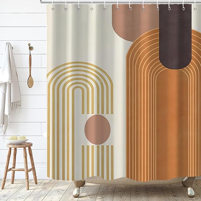 Mid Century Shower Curtain, Brown Modern Boho Neutral Arch Geometric Machine Washable Waterproof for Bathroom Bathtub with 12 Hooks 72x72
