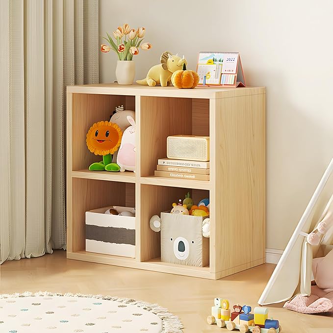4 Cube Storage Organizer, Cubby Storage Organizer, Cube Shelf with Back Plate, Wooden Kids Bookcase for Toy, Solid Wood Cube Storage for Living Room/Bedroom/Hallway/School, Easy to Install