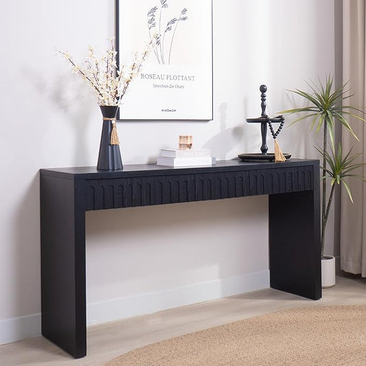 Wood Console Table, 59.2" Retro Long Sofa Table Behind Couch with 4 Drawers, Farmhouse Wooden Narrow Sofa Table Hall Table for Living Room Foyer Entrance Entryway, Black
