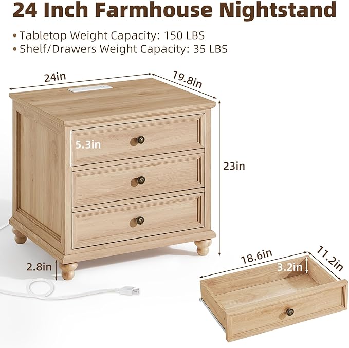 Farmhouse Nightstand with Charging Station, 24" Wide End Table with 3 Drawers,Natural Wood Dresser Cabinet for Bedroom, Bed Side Table Chest of Drawers,Night Stand for Living Room, Closet