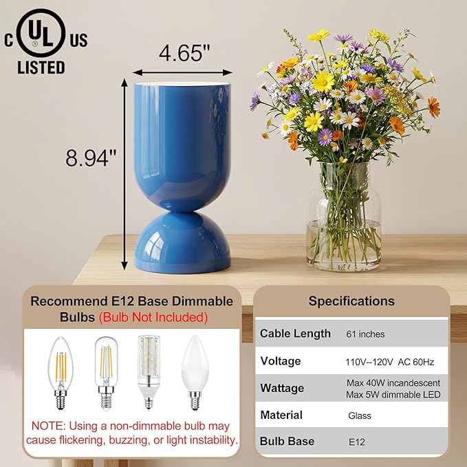 8.9" Modern Glass Table Lamp for Living Room, Dimmable Desk Lamps for Bedroom, UL Listed Nightstand Lamp with Dome Base, End Table Lamps for Home, Side Tables, College Dorm, Office, Glossy Blue
