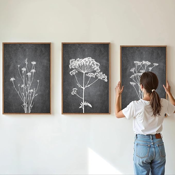 Tinonedraw Black and White Floral Framed Canvas Wall Art Set, Vintage Flower Wall Decor, Dark Academia Minimalist Botanical Art Paintings, Wildflower Art Print for Living Room Bedroom Office 16"x24"x3