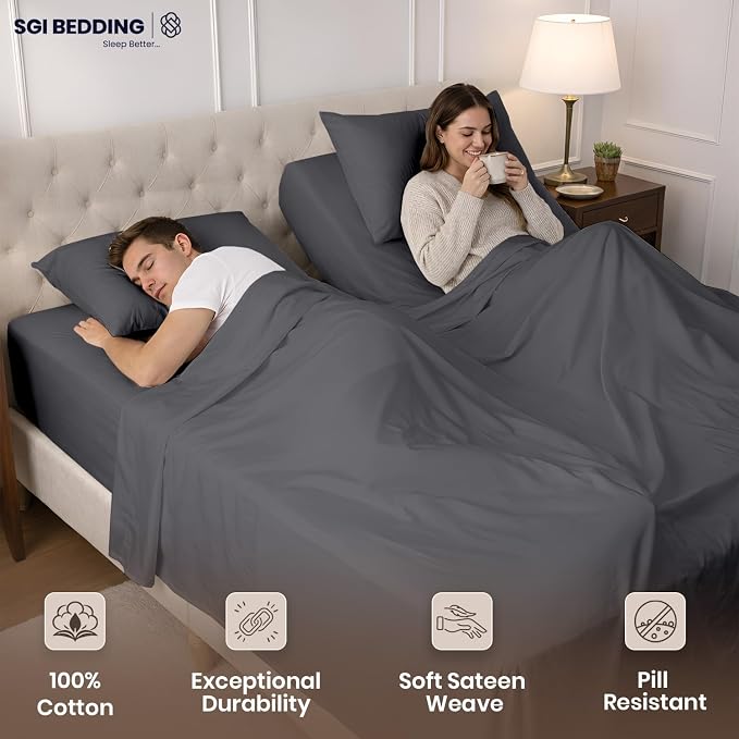 SGI Split King Sheet Set for Adjustable Bed Egyptian Premium Cotton 600 Thread Count Sheets for Sleep Number Bed 15" Deep Pocket 5 Pc Set with 2 Twin XL Fitted Sheets Soft Breathable -Dark Gray
