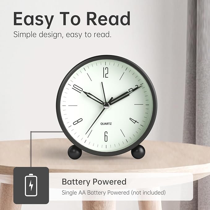 Analog Alarm Clock, 4 inch Super Silent Non Ticking Small Clock with Night Light, Battery Operated, Simple Design, Old Fashioned Style Black Decor, for Bedroom, Bedside, Desk, Adult, Kid, Gift, Black