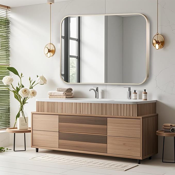 26x38 Inch Brushed Nickel Bathroom Mirror, Framed Rectangle Mirror with Rounded Corner, Brushed Mirror, Silver Bathroom Mirror for Over Sink, Vanity, Living Room, Bedroom, Horizontal/Vertical