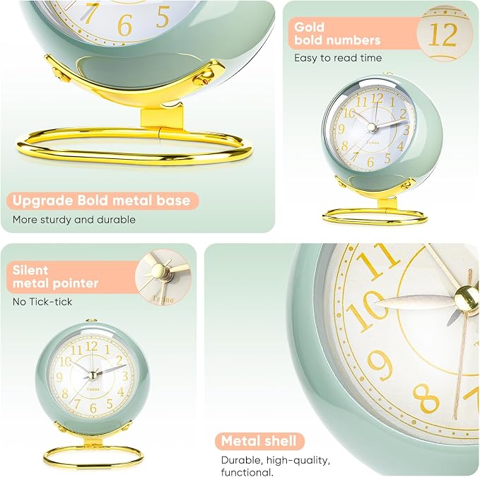 Analog Alarm Clocks,Retro Backlight Cute Simple design Small desk Clock With Night Light,Silent Non-Ticking,Battery Powered,For Kids,teens,Bedroom,travel,kitchen,Bedside Desk decor. (Nostalgic Green)