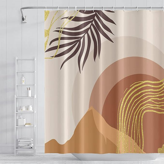 Abstract Mid Century Boho Bathroom Shower Curtain with Eucalyptus Leaves Gold Lines Mountains, Waterproof Fabric Polyester, 60x72 Inch