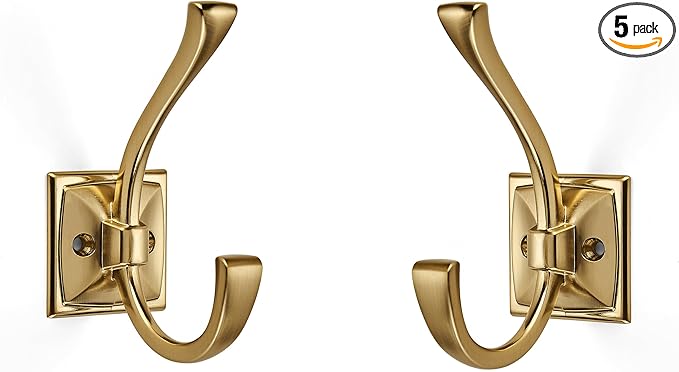 Large Wall Hooks 5 Pack Brushed Gold Coat + Towel Hooks (4.35 Inch Double Robe Hooks) - Mounted with Screws for Key, Towel, Bags, Cup, Hat