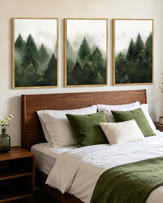 KUVIOKE Morden Green Fog Pine Tree Framed Canvas Wall Art Nature Nordic Forests Artwork Painting Bedroom Decor 24x36in (Natural Framed)
