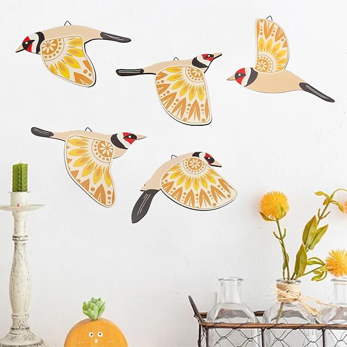 EMINGSKY 5 Pcs Wooden Bird Wall Art Wood Flying Birds Wall Decor Boho Rustic Folk Art Home Decor for Gift Living Room Bedroom Kitchen Office (Yellow)