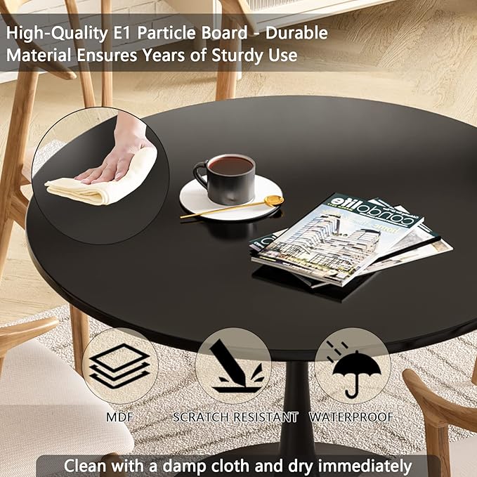 DKLGG Black Round Dining Table, 31.5" Tulip Table Kitchen Dining Table for 2-4 People with MDF Top & Pedestal Base, Mid-Century End Leisure Coffee Office Living Room Table