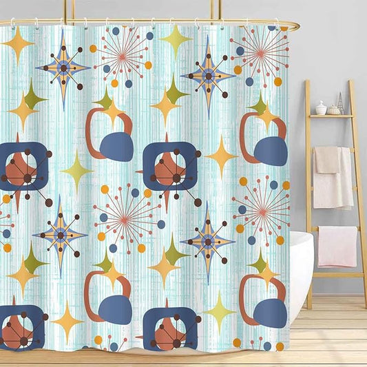 Mid Century Shower Curtain, 72x78inch, Modern Abstract Retro Blue Striped Geometric Shower Curtain Sets 1950s Boho Bathroom Shower Curtain with 12 Hooks