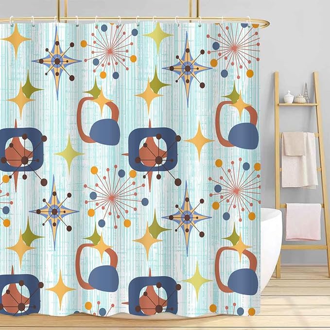 Mid Century Shower Curtain, 72x84inch, Modern Abstract Retro Blue Striped Geometric Shower Curtain Sets 1950s Boho Bathroom Shower Curtain with 12 Hooks