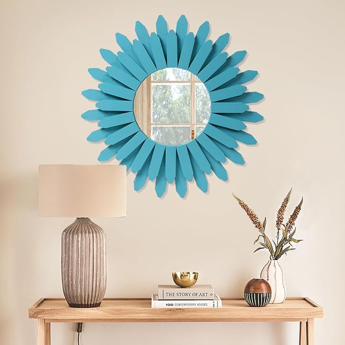 Honiway Beach Wall Decor Mirror 21 inch Wood Coastal Wall Decor Sunburst Boho Home Decor Room Decor for Bedroom Living Room Entryway Cyan