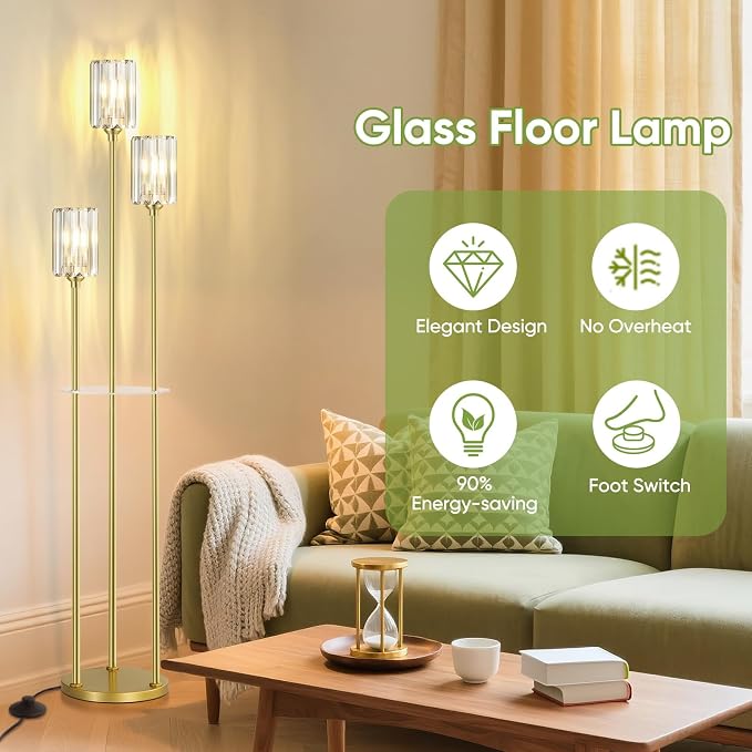 Crystal Floor Lamps for Living Room, Glass Modern Floor Lamp with Shelves, Mid Century Standing Lamps with Table, Brass Tall Lamp with Crystal Shade Vintage Retro Corner Floor Lamp (K9 Crystal Gold)