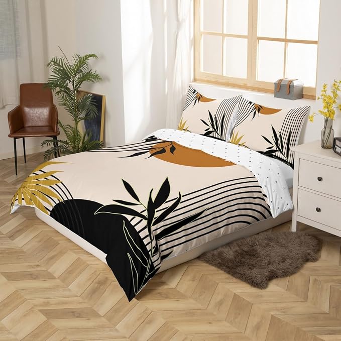 Erosebridal Mid Century Black Gold Duvet Cover Queen for Kids Teens Adults,Abstract Geometric Comforter Cover,Mid Century Boho Bedding Set,Minimalist Aesthetic Bed Set 3 Pcs Bedroom Decor