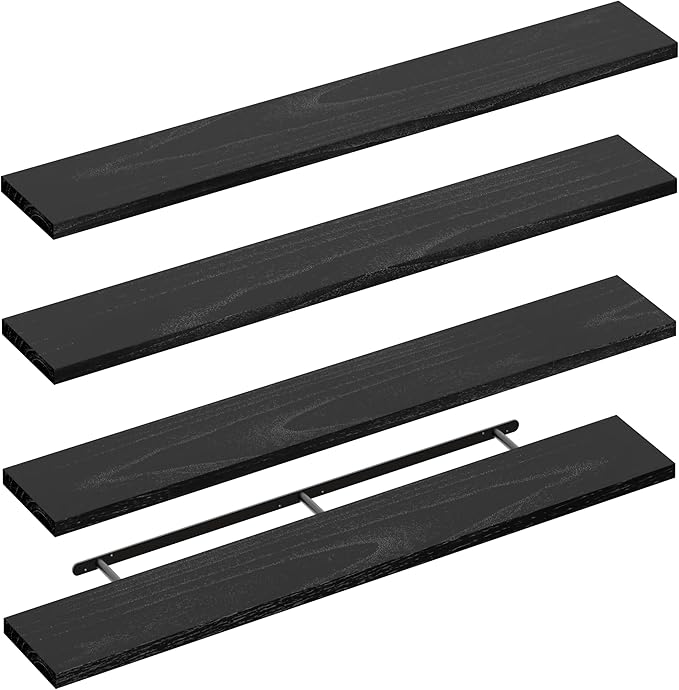 IEO Long Wooden Floating Shelves for Room Wall, Natural Wood Floating Shelves Wall Mounted Kitchen Shelf for Living Room, Bedroom, Kitchen,Bathroom, Storage (Black, 60in 4tier)