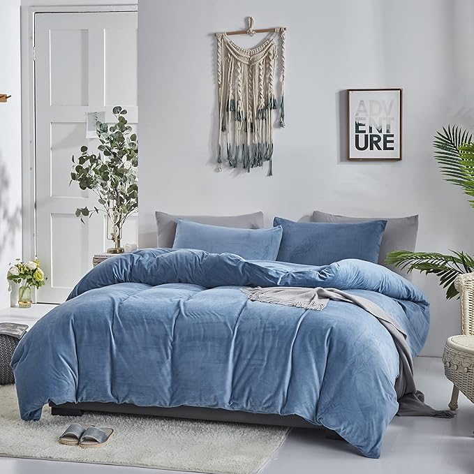 Pureant Blue Fluffy Comforter Set Full Lake Blue Velvet Bedding Comforter Sets for Men Boys Solid Color Full Comforter Soft Plain Grayish Quilts Haze Blue Flannel Blankets Breathable
