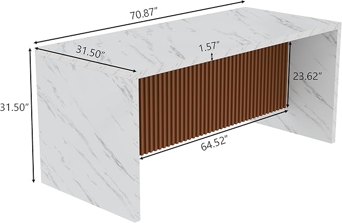 71" Large Imitation Marble Dining Table for 6-8 People, Island Table with LED Lights, Mordern Marble Stripes Kitchen Dining Table with Grille design for Dining Room, Home, Office, Living Room（white）