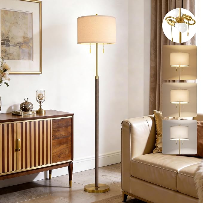 G-SAFAVA Floor Lamp 61" Wood Lamps for Living Room Bedroom 2-Lights Mid Century Modern Standing Tall Lamps for Office Nursery Corner Reading Room Lamp, 3 Color Temperatures 9W Bulbs Included, Walnut