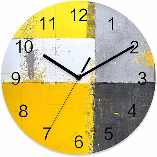 Abstract Style Wall Clock Battery Operated Non-Ticking 12" Round Wood Clocks, Yellow Gary Color Block Oil Painting Kitchen Wall Clock for School Bathroom Living Room Home Office Wall Decor