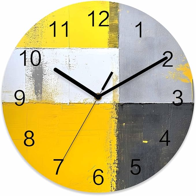 Abstract Style Wall Clock Battery Operated Non-Ticking 10" Round Wood Clocks, Yellow Gary Color Block Oil Painting Kitchen Wall Clock for School Bathroom Living Room Home Office Wall Decor