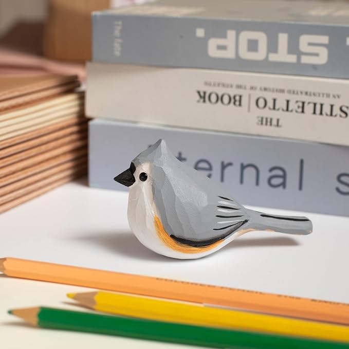 Handmade Tufted Titmouse Bird Figurine, Wooden Tufted Titmouse Carving, Unique Small Bird Statue for Home Décor or Collectible Gift